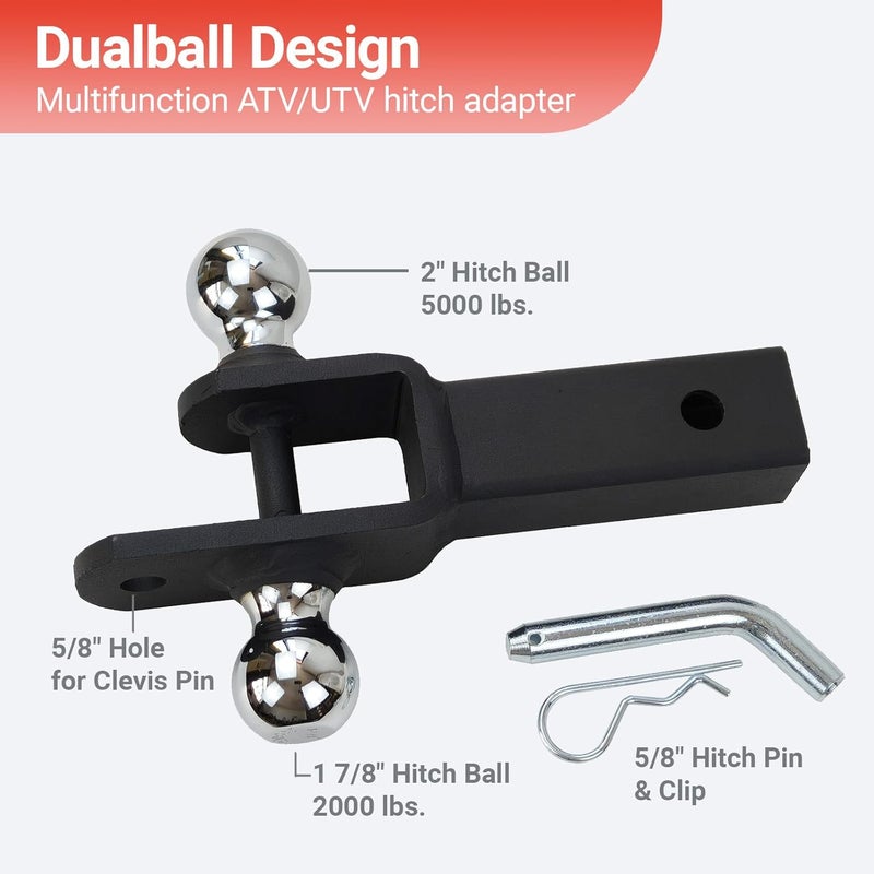 REDTEE ATV/UTV Trailer Hitch - Dual Hitch Balls (1-7/8" & 2"), Fits 2-Inch Receiver, Includes Pin & Clip, 5/8-Inch Clevis Pin Compatible, Matte Black Powder Coat Finish - Image 2